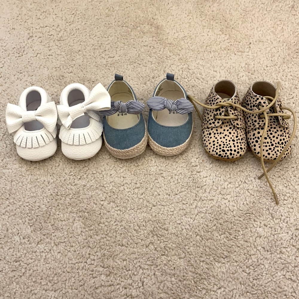 Three pairs of baby girl shoes. 0-6 mo.Never worn!